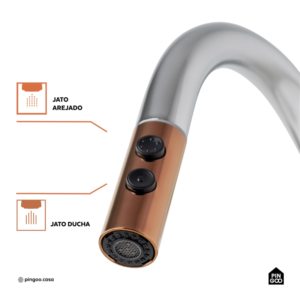 Torneira Para Cozinha Misturador Monocomando Aço Inox 304 Pauini Pingoo.casa - Prata e Dourado Rose