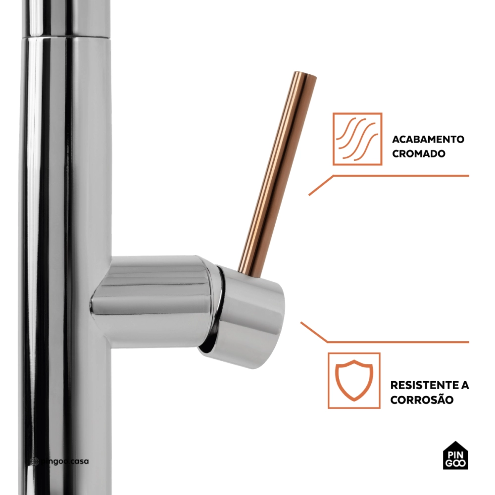 Torneira Para Cozinha Misturador Monocomando Aço Inox 304 Pauini Pingoo.casa - Prata e Dourado Rose