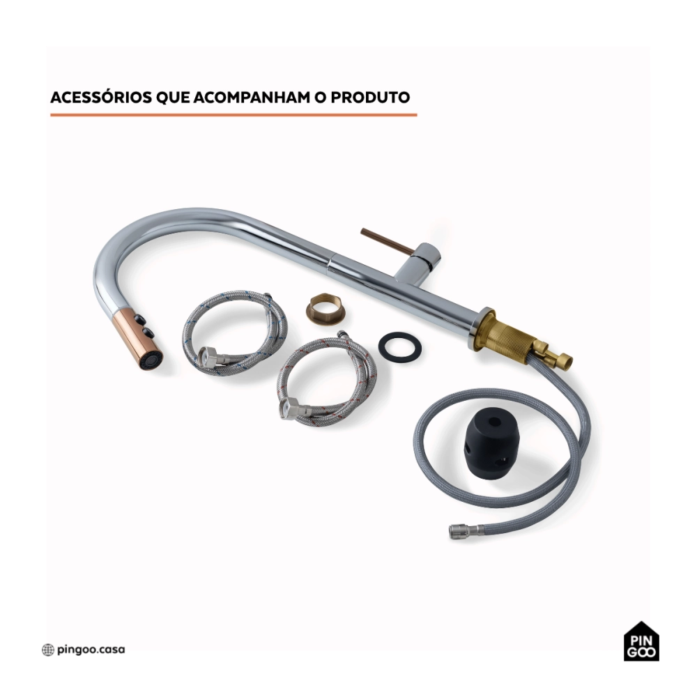 Torneira Para Cozinha Misturador Monocomando Aço Inox 304 Pauini Pingoo.casa - Prata e Dourado Rose