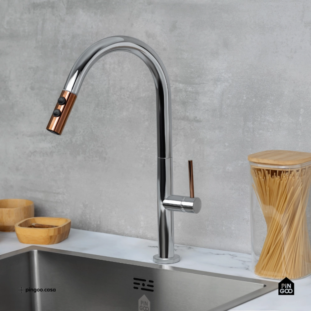 Torneira Para Cozinha Misturador Monocomando Aço Inox 304 Pauini Pingoo.casa - Prata e Dourado Rose
