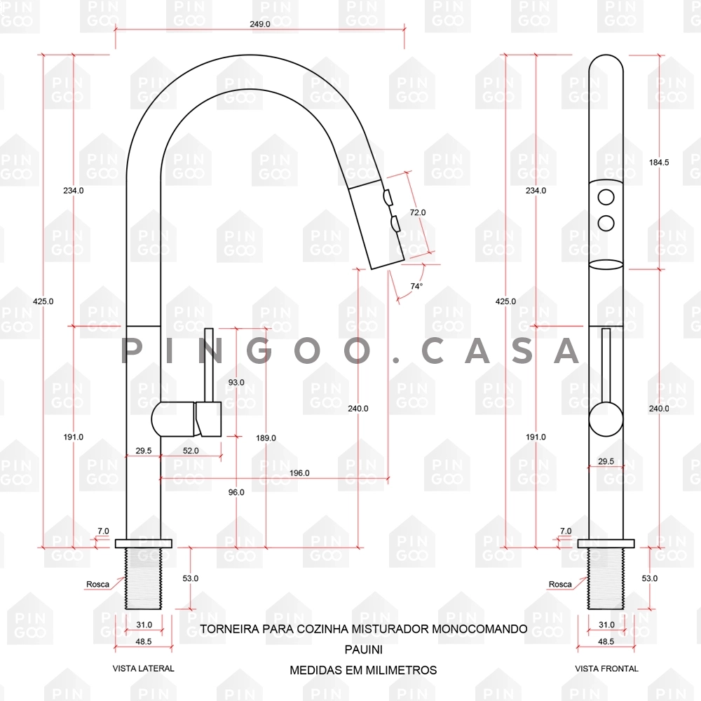 Torneira Para Cozinha Misturador Monocomando Aço Inox 304 Pauini Pingoo.casa - Prata e Dourado Rose