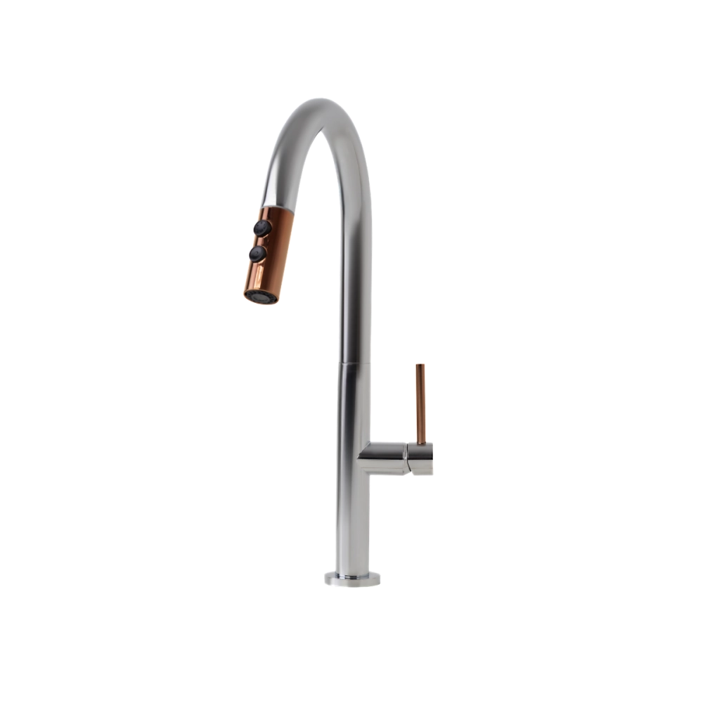 Torneira Para Cozinha Misturador Monocomando Aço Inox 304 Pauini Pingoo.casa - Prata e Dourado Rose