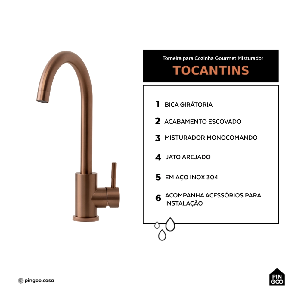 Torneira para Cozinha Misturador Monocomando Em Aço Inox 304 Escovado Tocantins Dourado Rose Torneira para Cozinha Misturador Monocomando Em Aço Inox 304 Escovado Tocantins Dourado Rose