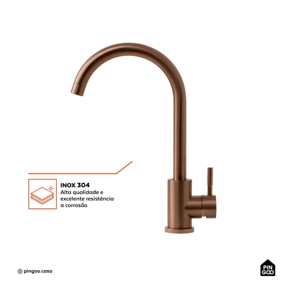 Torneira para Cozinha Misturador Monocomando Em Aço Inox 304 Escovado Tocantins Dourado Rose Torneira para Cozinha Misturador Monocomando Em Aço Inox 304 Escovado Tocantins Dourado Rose