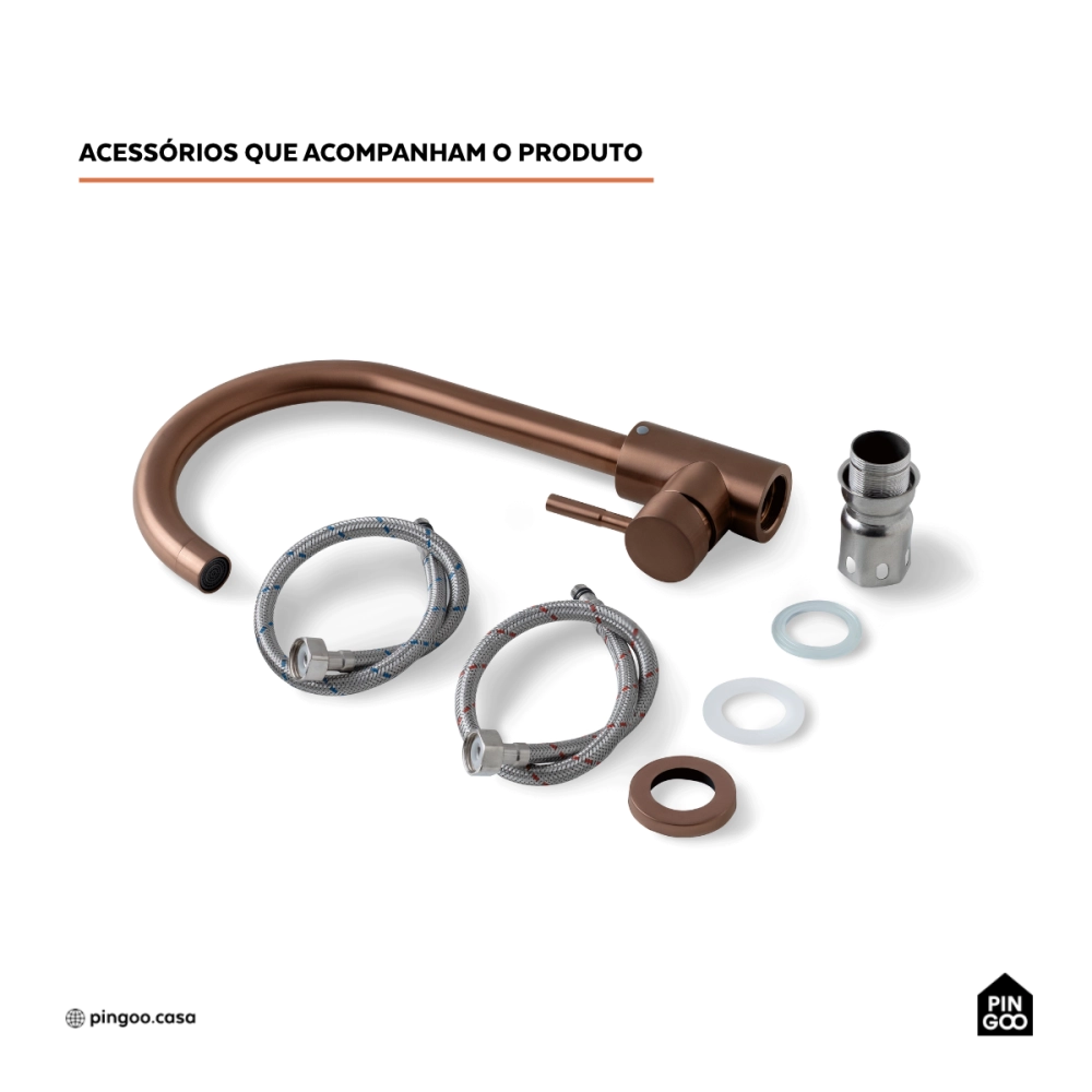 Torneira para Cozinha Misturador Monocomando Em Aço Inox 304 Escovado Tocantins Dourado Rose Torneira para Cozinha Misturador Monocomando Em Aço Inox 304 Escovado Tocantins Dourado Rose