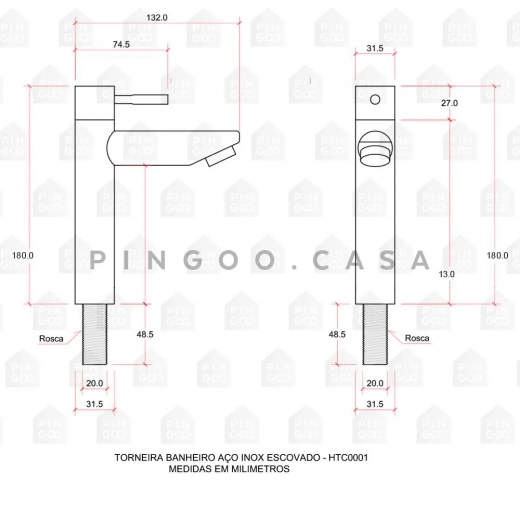 Torneira para Banheiro em Aço Inox Escovado Baixa Amazonas Dourado Rose