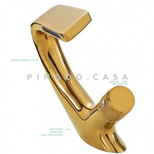 Torneira para Banheiro Cascata Misturador Monocomando Baixa Cairu Dourado