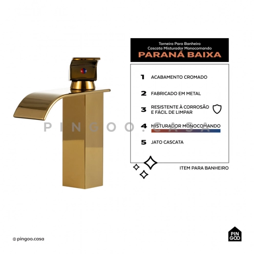 Torneira para Banheiro Cascata Misturador Monocomando Baixa paraná Dourado