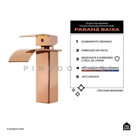 Torneira para Banheiro Cascata Misturador Monocomando Baixa paraná Dourado Rose