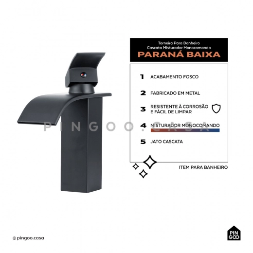 Torneira para Banheiro Cascata Misturador Monocomando Baixa Paraná Preto