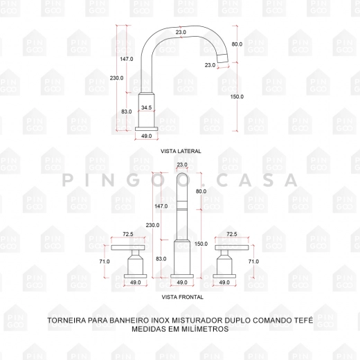 Torneira para Banheiro Misturador Duplo Comando Aço Inox 304 Tefé Cinza