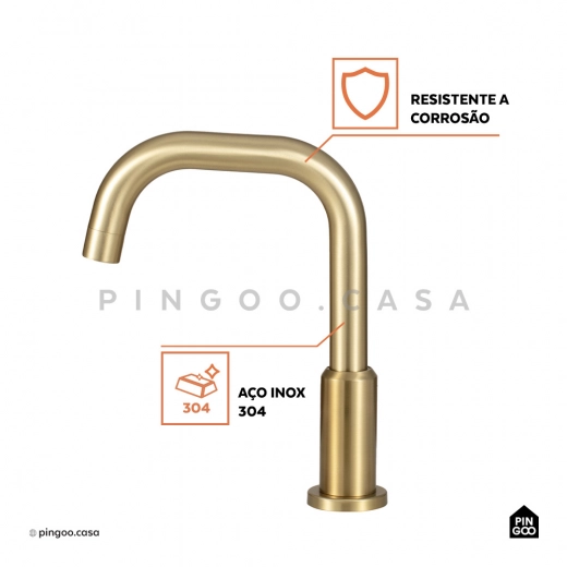 Torneira para Banheiro Misturador Duplo Comando Aço Inox 304 Tefé Dourado