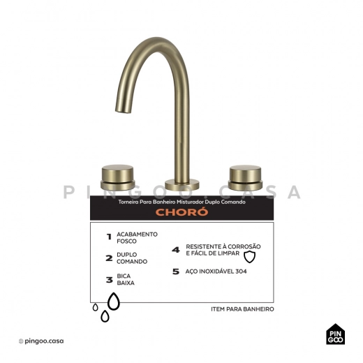 Torneira para Banheiro Misturador Duplo Comando Choró Dourado