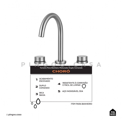 Torneira para Banheiro Misturador Duplo Comando Choró Prata Escovado