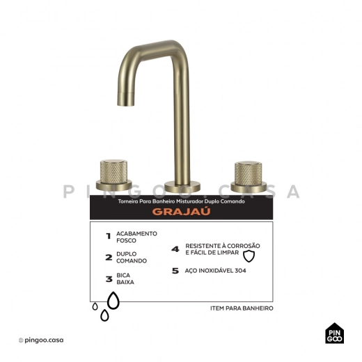 Torneira para Banheiro Misturador Duplo Comando Grajaú Dourado