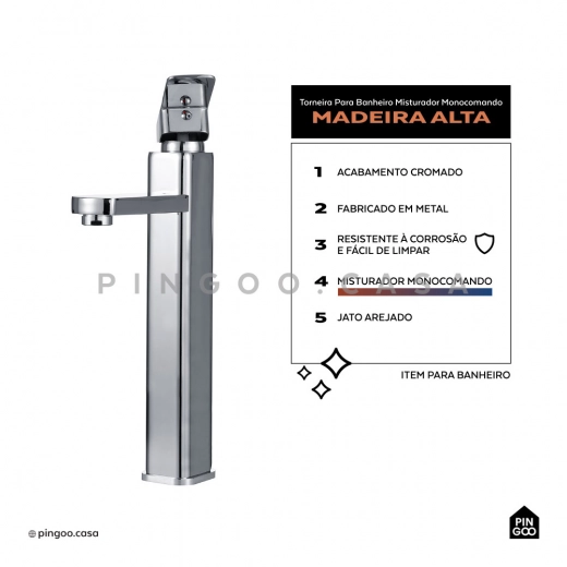 Torneira para Banheiro Misturador Monocomando Alta Madeira Prata