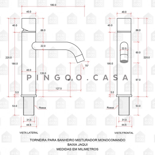 Torneira para Banheiro Misturador Monocomando Baixa Jagui Preto e Rose