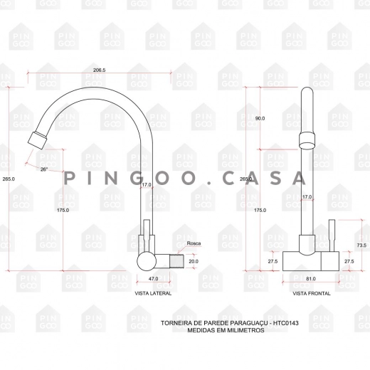 Torneira para Cozinha de Parede Em Aço Inox 304 paraguaçu Prata Escovado