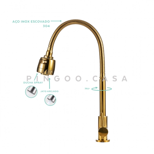 Torneira para Cozinha Em Aço Inox 304 Jaguaribe Dourado Escovado