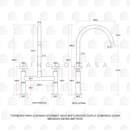 Torneira para Cozinha Gourmet Misturador Duplo Comando Aço Inox 304 Içana Cinza