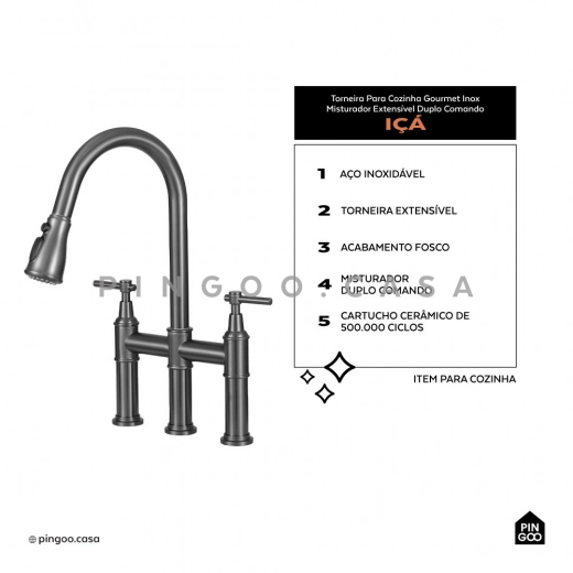 Torneira para Cozinha Gourmet Misturador Extensível Duplo Comando Aço Inox 304 Içá Cinza Torneira para Cozinha Gourmet Misturador Extensível Duplo Comando Aço Inox 304 Içá Cinza