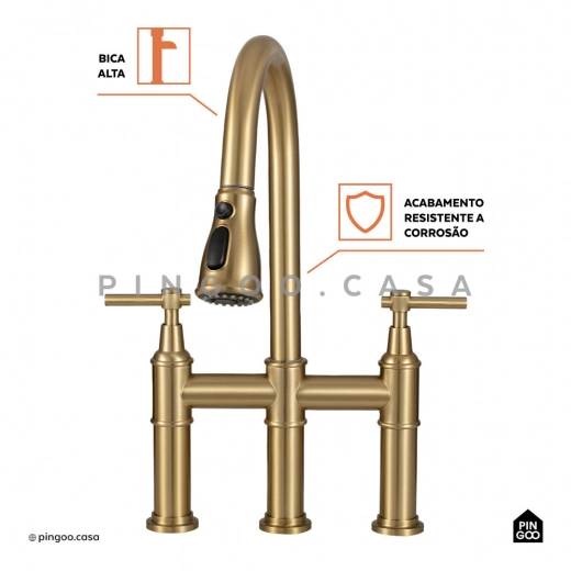 Torneira para Cozinha Gourmet Misturador Extensível Duplo Comando Aço Inox 304 Içá Dourado Torneira para Cozinha Gourmet Misturador Extensível Duplo Comando Aço Inox 304 Içá Dourado