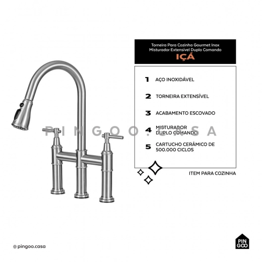 Torneira para Cozinha Gourmet Misturador Extensível Duplo Comando Aço Inox 304 Içá Prata Escovado Torneira para Cozinha Gourmet Misturador Extensível Duplo Comando Aço Inox 304 Içá Prata Escovado