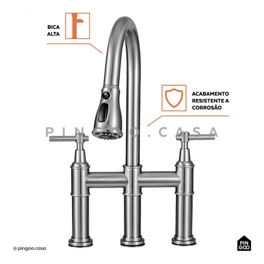 Torneira para Cozinha Gourmet Misturador Extensível Duplo Comando Aço Inox 304 Içá Prata Escovado Torneira para Cozinha Gourmet Misturador Extensível Duplo Comando Aço Inox 304 Içá Prata Escovado