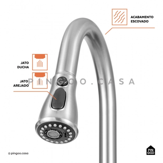 Torneira para Cozinha Gourmet Misturador Extensível Duplo Comando Aço Inox  304 Içá Prata Escovado