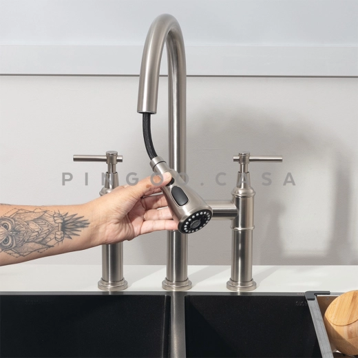 Torneira para Cozinha Gourmet Misturador Extensível Duplo Comando Aço Inox 304 Içá Prata Escovado Torneira para Cozinha Gourmet Misturador Extensível Duplo Comando Aço Inox 304 Içá Prata Escovado