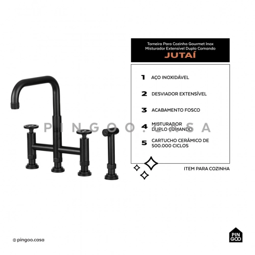 Torneira para Cozinha Gourmet Misturador Extensível Duplo Comando Aço Inox 304 Jutaí Preto