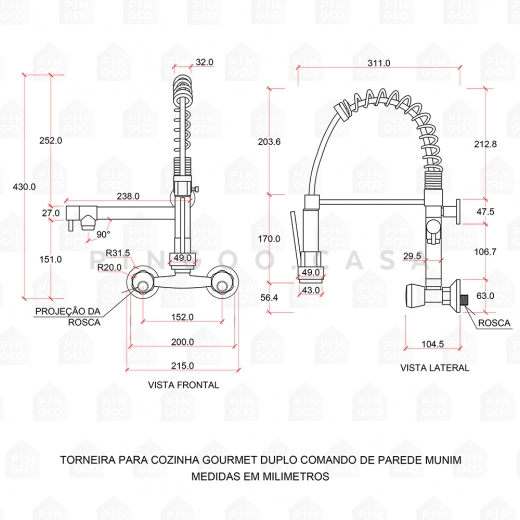 Torneira para Cozinha Gourmet Misturador Duplo Comando de Parede Munim Prata