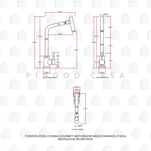 Torneira para Cozinha Gourmet Misturador Monocomando Aço Inox 304 Utinga Dourado Rose