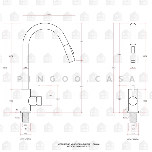 Torneira para Cozinha Gourmet Misturador Monocomando Em Aço Inox 304 Escovado Iriri Dourado Rose