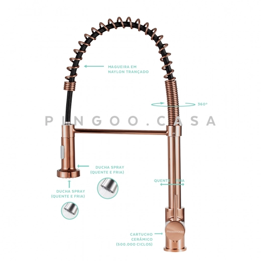 Torneira para Cozinha Gourmet Misturador Monocomando Envira Dourado Rose