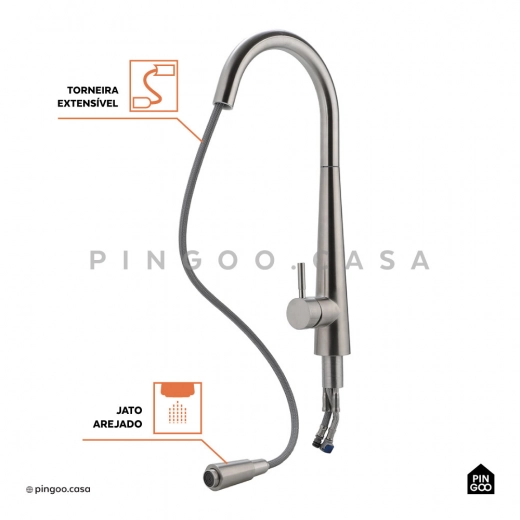 Torneira para Cozinha Gourmet Misturador Monocomando Extensível Aço Inox 304 Apurema Prata Escovado