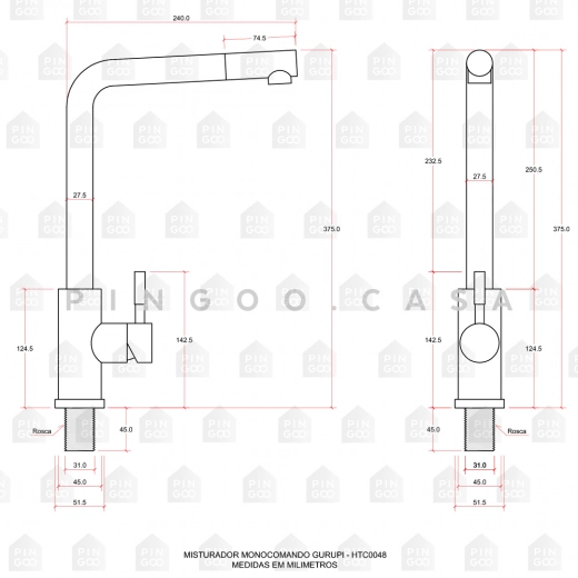 Torneira para Cozinha Gourmet Misturador Monocomando Extensível Gurupi Aço Inox 304 Dourado Escovado