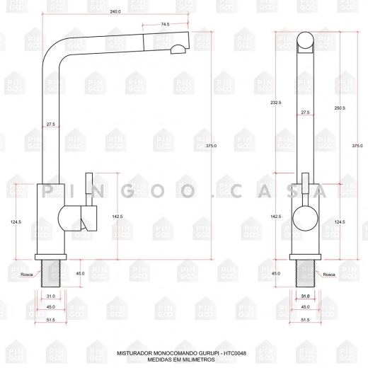 Torneira para Cozinha Gourmet Misturador Monocomando Extensível Aço Inox 304 Gurupi Prata Escovado