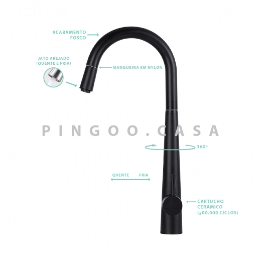 Torneira para Cozinha Gourmet Misturador Monocomando Extensível Em Aço Inox 304 Fosco Apurema Preto