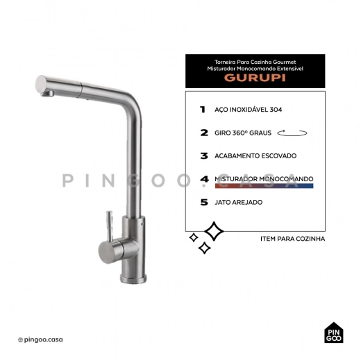 Torneira para Cozinha Gourmet Misturador Monocomando Extensível Aço Inox 304 Gurupi Prata Escovado