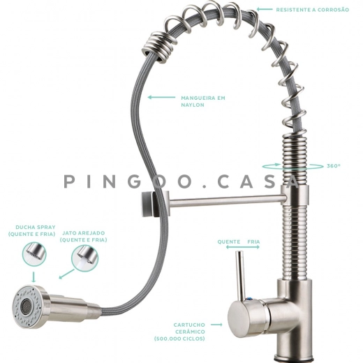 Torneira para Cozinha Gourmet Misturador Monocomando Extensível Jari Prata Escovado