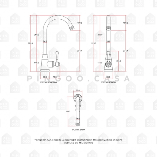 Torneira para Cozinha Gourmet Misturador Monocomando Aço Inox 304 Jacuípe Dourado