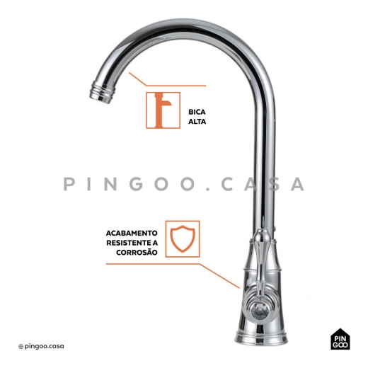 Torneira para Cozinha Gourmet Misturador Monocomando Aço Inox 304 Jacuípe Prata