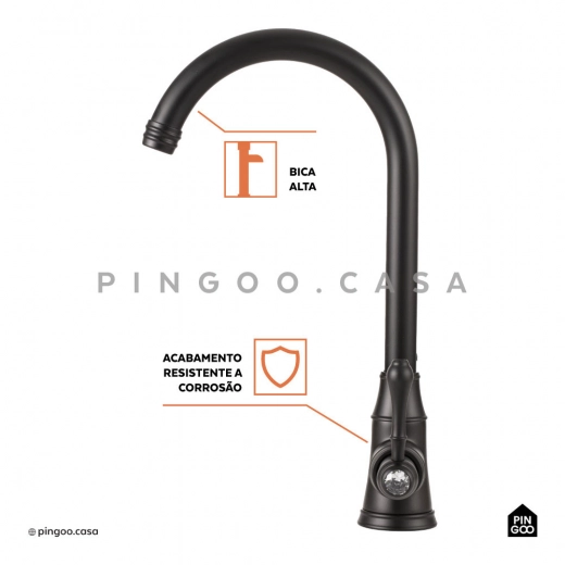 Torneira para Cozinha Gourmet Misturador Monocomando Aço Inox 304 Jacuípe Preto