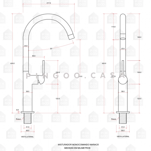 Torneira para Cozinha Gourmet Misturador Monocomando Maracá Cobre