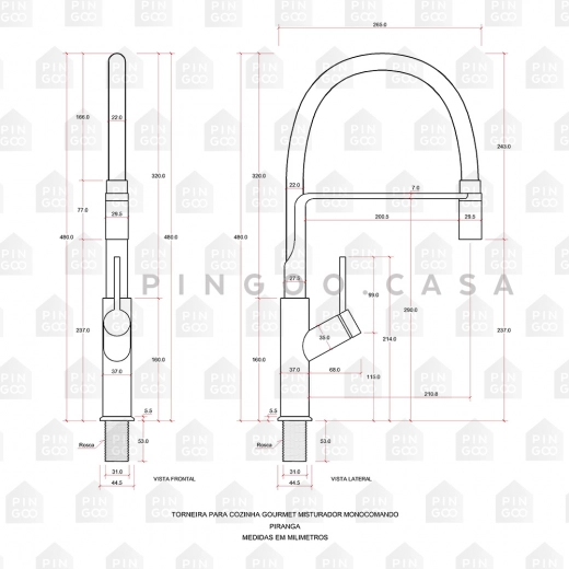 Torneira para Cozinha Gourmet Misturador Monocomando Piranga Dourado