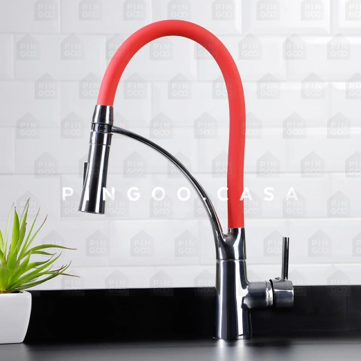 Torneira para Cozinha Gourmet Misturador Monocomando Solimões Prata e Vermelho