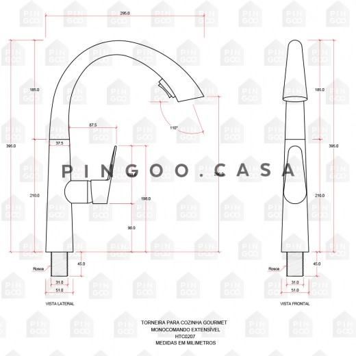 Torneira para Cozinha Gourmet Misturador Monocomando Extensível Juruá Dourado Escovado