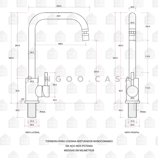 Torneira para Cozinha Misturador Monocomando Aço Inox 304 Potengí Prata Escovado