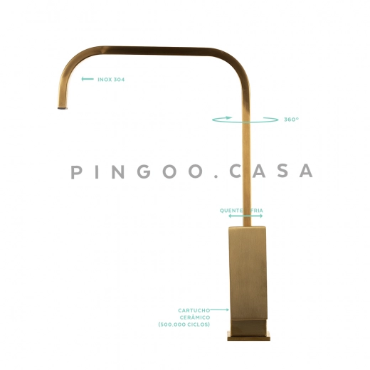 Torneira para Cozinha Misturador Monocomando Em Aço Inox 304 Escovado São Lorenço Dourado